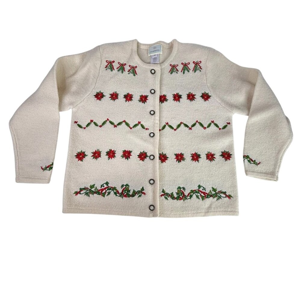Vintage Susan Bristol Womens Christmas Cardigan Sweater Size PM Cream Poinsettia